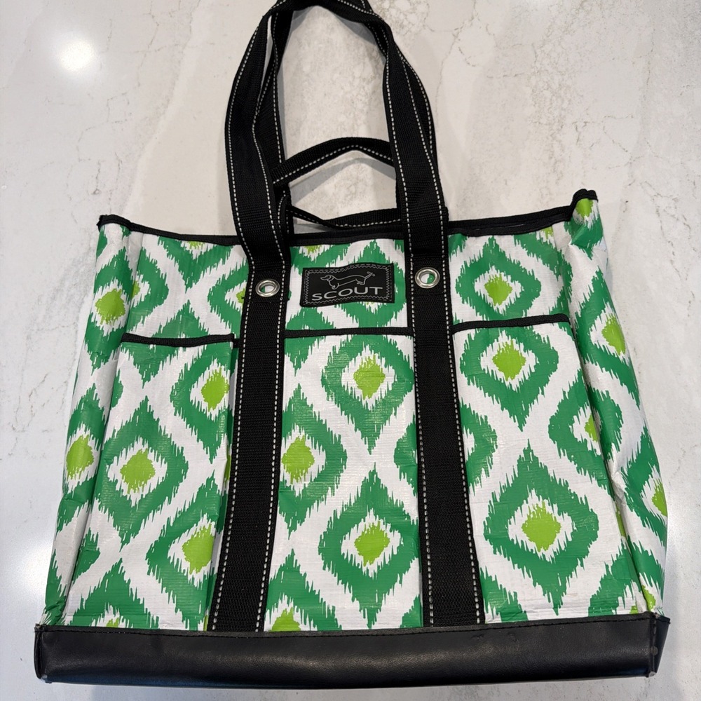 SCOUT Green Ikat Tote Bag with Outer Pockets Double Handles